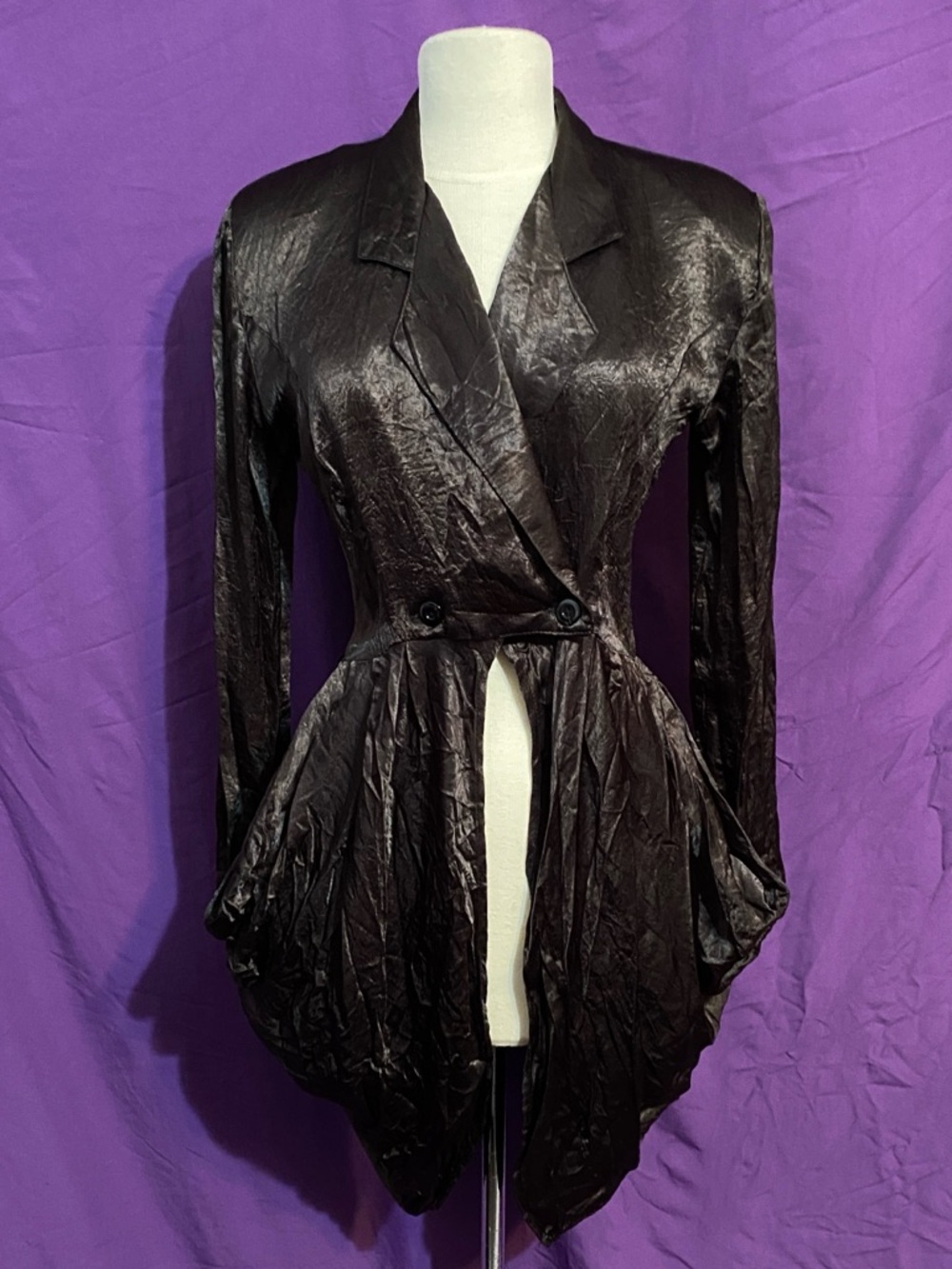 Vintage 80s Black Draped Sateen Tuxedo Jacket. Size 5/6.